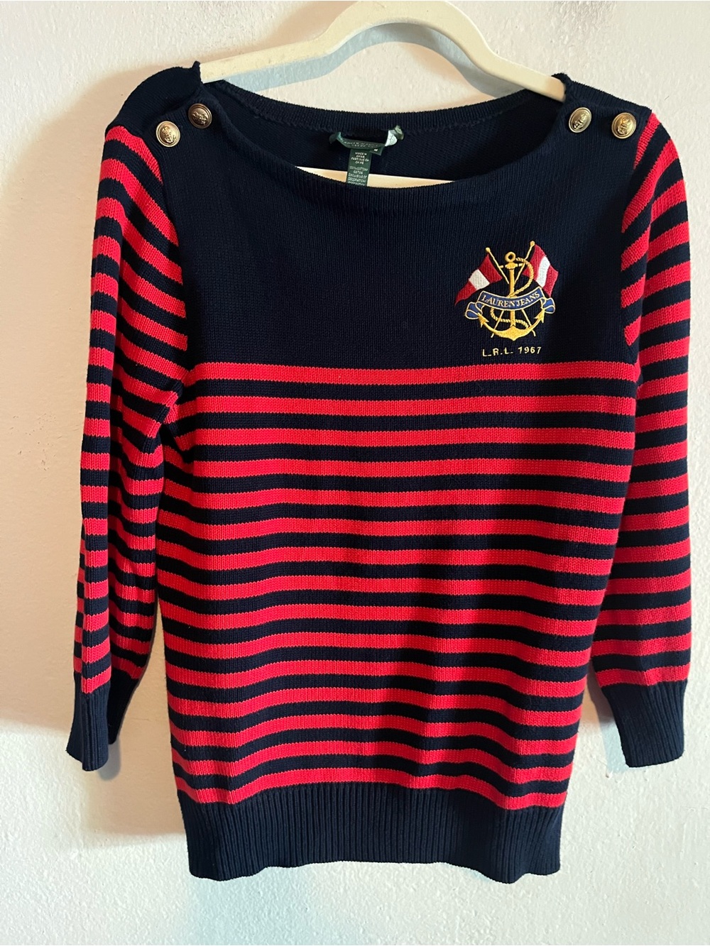 Lauren Ralph Lauren Navy & Red Striped Boatneck Sweater Preppy 3/4 Sleeves
